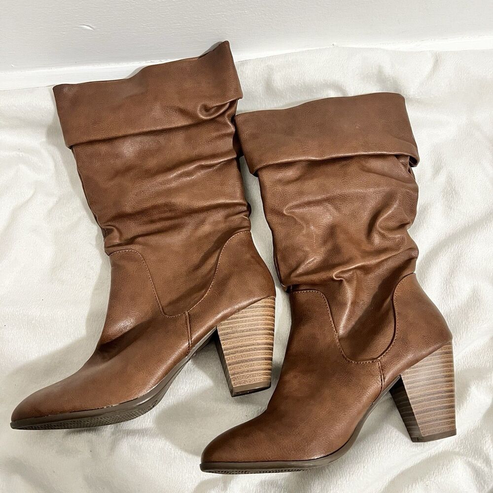 Espirit Tall Boots Size 8.5 Tan Brown Block Heel Faux Leather Roached Boho